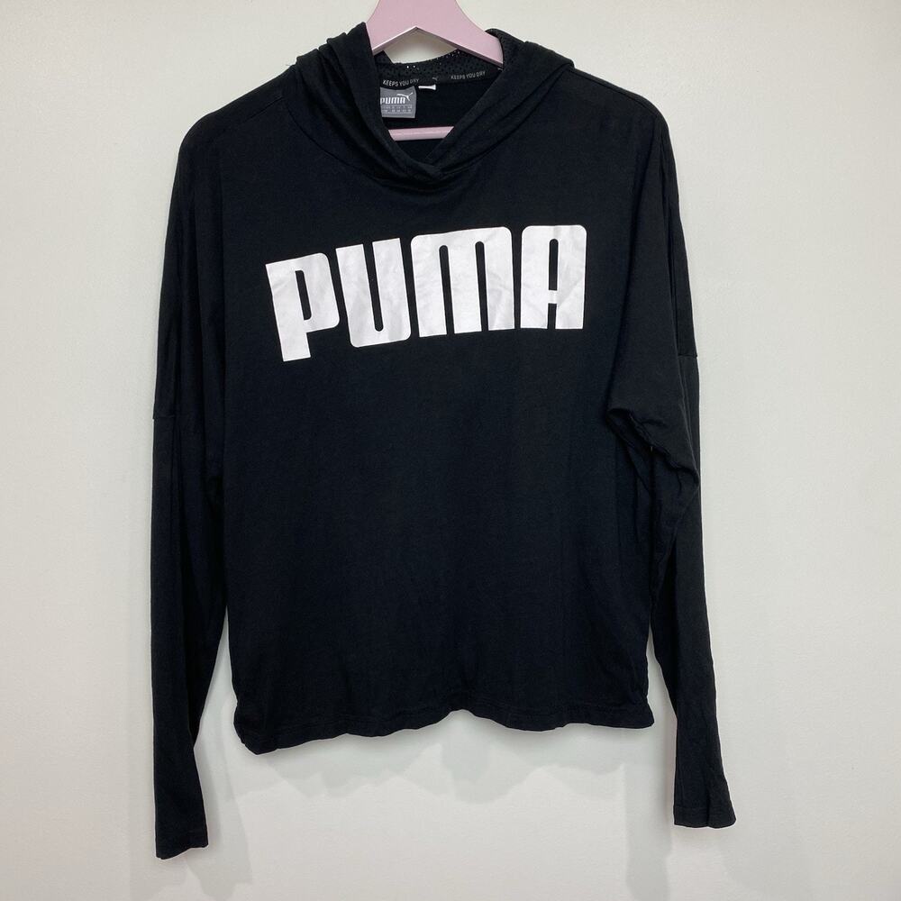 Puma Keeps You Dry Black Long Sleeve Cropped Hooded Shirt Women's Sz Medium GUC